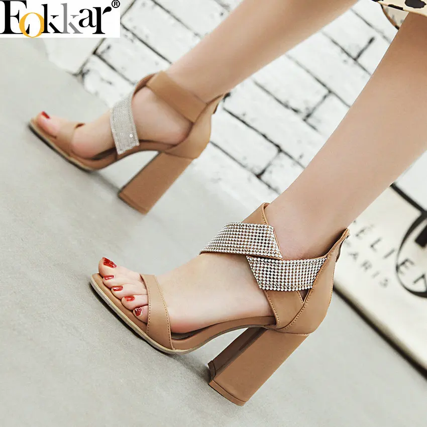 

Eokkar 2019 Women Sandals Square High Heel PU Leather Pumps Open Toe Zipper Dress Shoes For Lady High Heel Shoes Size 34-43