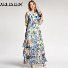 AELESEEN, Осеннее женское длинное платье,, праздничное, роскошное, полурасклешенное, рукав, модное, из кусков, с принтом, фарфоровое, романтичное, подиумное платье