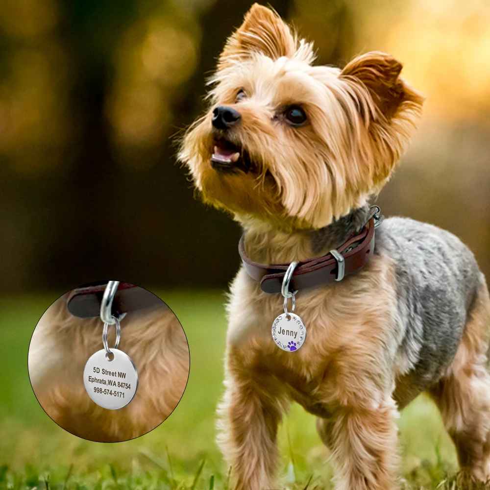 Dog Tag Personalized Pet Puppy Cat ID Tag Engraved Custom Dog Collar Accessories Stainless Steel Name Tag Paw For Dogs Cats Pink