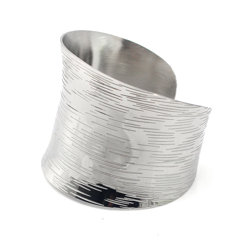 Engraving Wave Pattern Silver Color Wide Bracelet Cuff Bangle Stainless Steel Women Grils Fashion Jewelry 1PCS 4