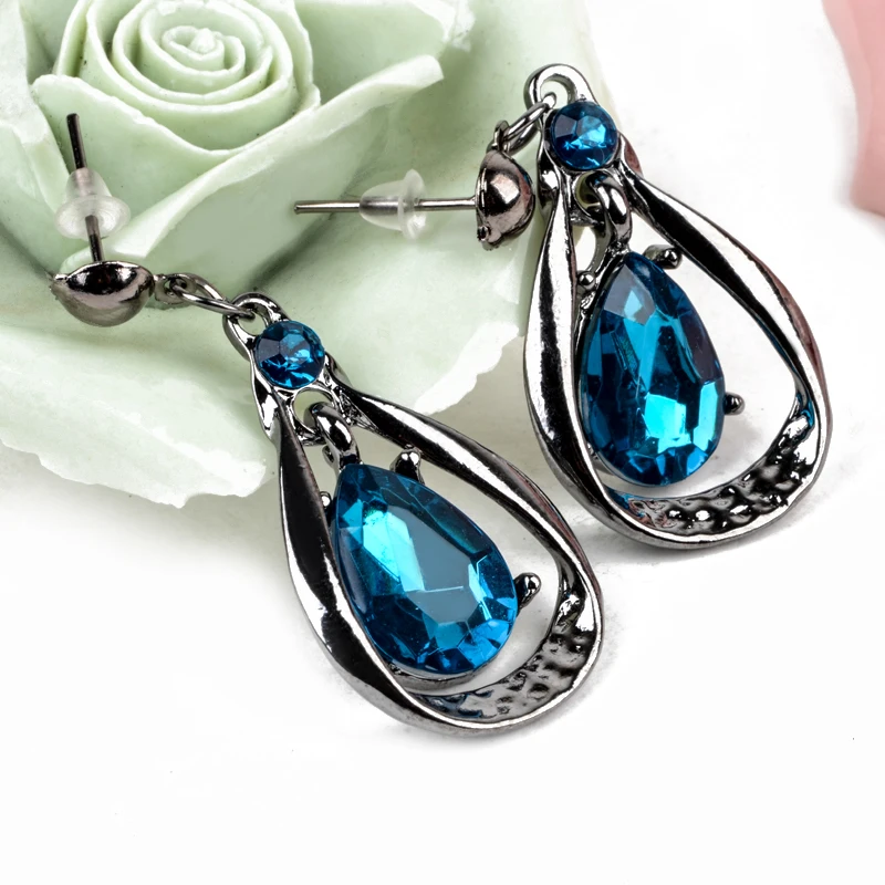 Austrian Crystal Jewelry Sets Fashion Blue Choker Collar Necklace dangle earring Jewellery Silver Plated Bridal Wedding Jewelry