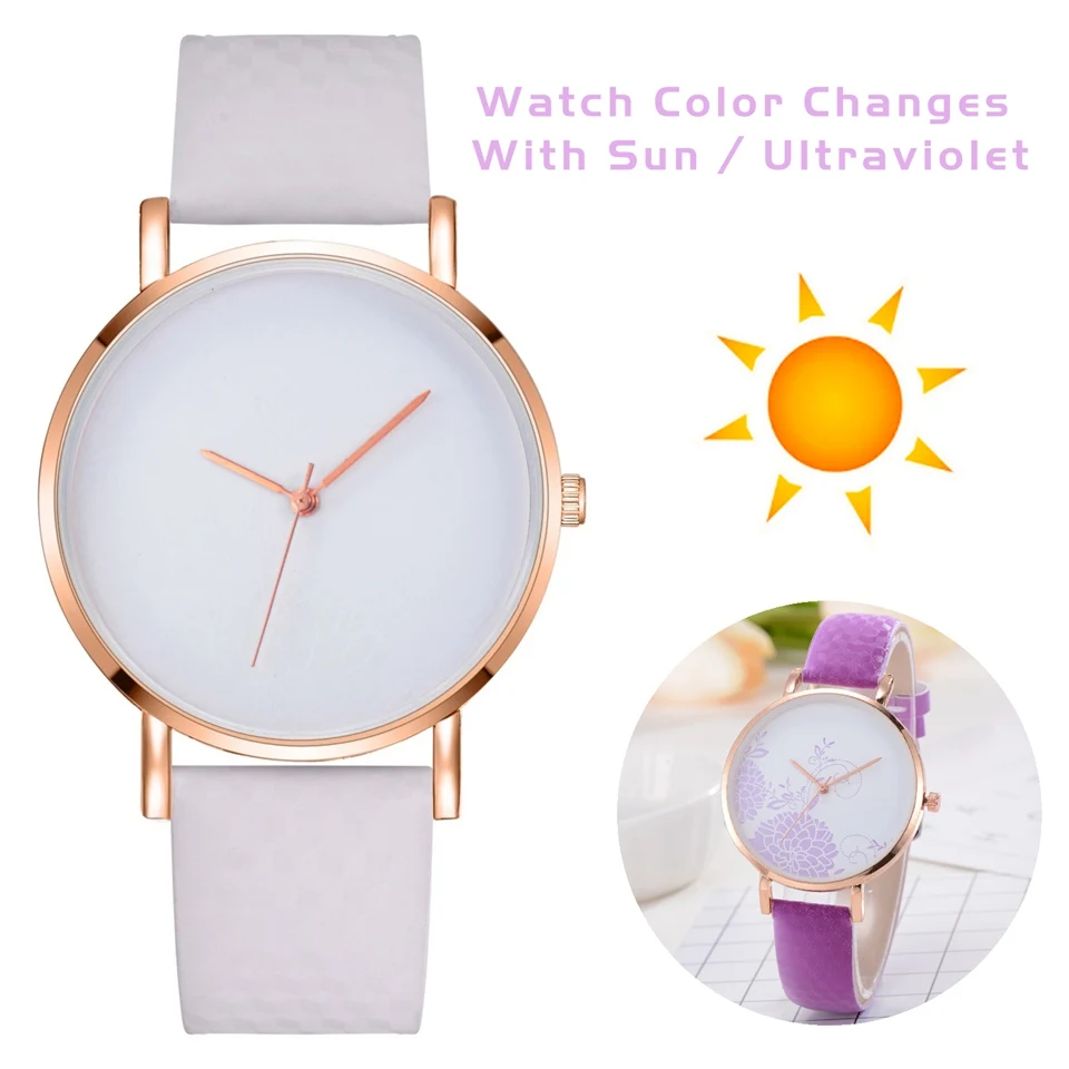 الأزياء تغيير اللون مع أشعة الشمس النساء ساعة اليد عارضة جلدية ساعات كوارتز خمر نمط الفاخرة فتاة ووتش LS292