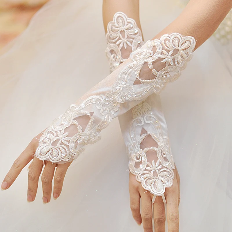 

Bridal Gloves White or Red Lace Embroidery Wedding Gloves