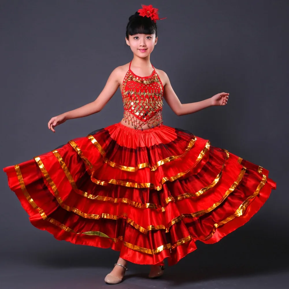 LOlanta Girls Spanish Flamenco Skirt Gypsy Belly Dancer Performance Costume Set 4-11 Years kids clothes children dance suit