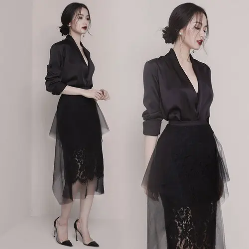 

Fashion Sexy Lace Mesh Patchwork Two Piece Set V Neck High Waist Elegant Brief Casual Full Sleeve 2 Piece Set Women