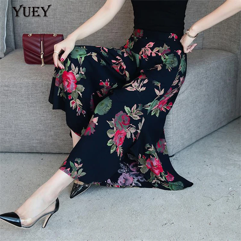 

Women's Beautiful Wide Leg Cropped Pants Dress Floral Printing Elastic Band Skirt High Waist Summer Mother Baggy Pants For Mom