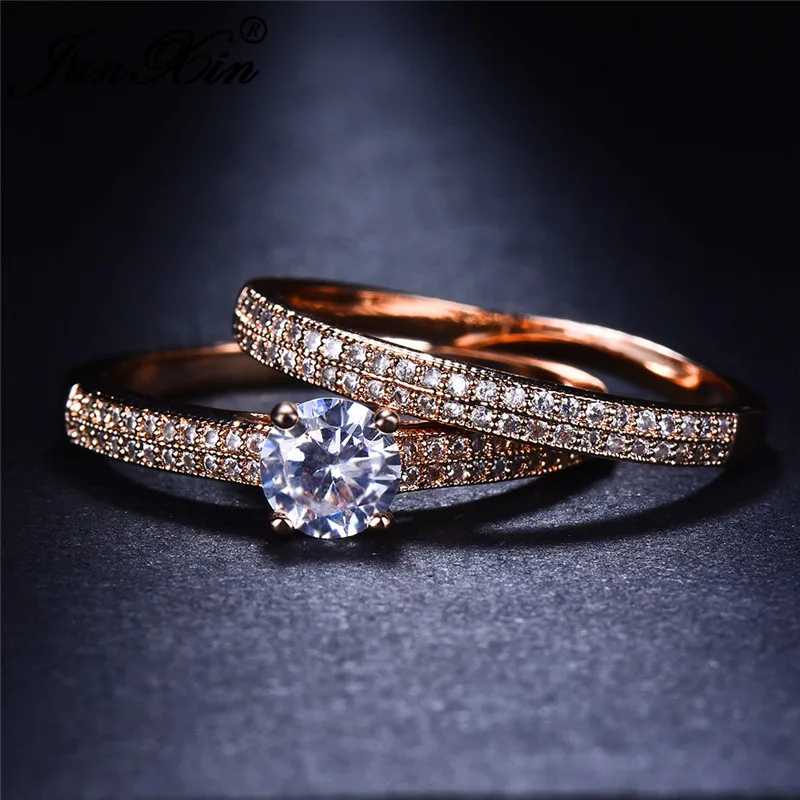 JUNXIN Valentine Jewelry Female Round Ring Sets For Women 925 Silver Rose Gold Filled White Zircon Crystal Promise Wedding Ring