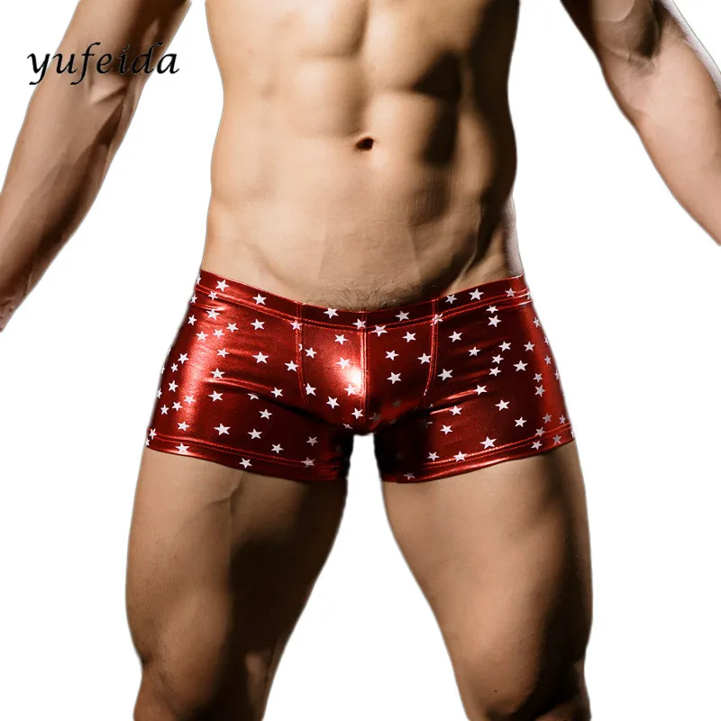 

New Fashion Christmas Men's Underwear Boxers Sexy Faux Leather Shorts Panties Tight Boy Satin Boxer Shorts Men Sexy Underpants