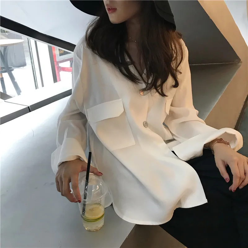 

Loose Basic Pocket Solid Color Shirt Plus Size Women Tunique Femme Vintage Button Long Sleeve White Solid Casual Ladies Tops