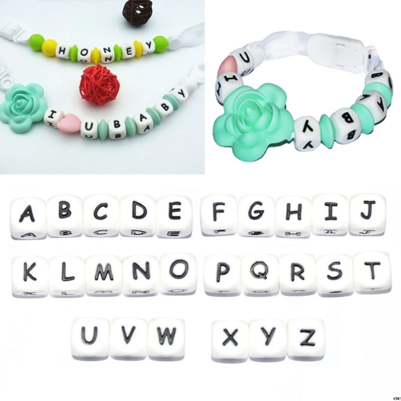 

5Pc Diy Letter Safe Silicone Teething Beads For Baby Teether Pacifier Chain 12mm