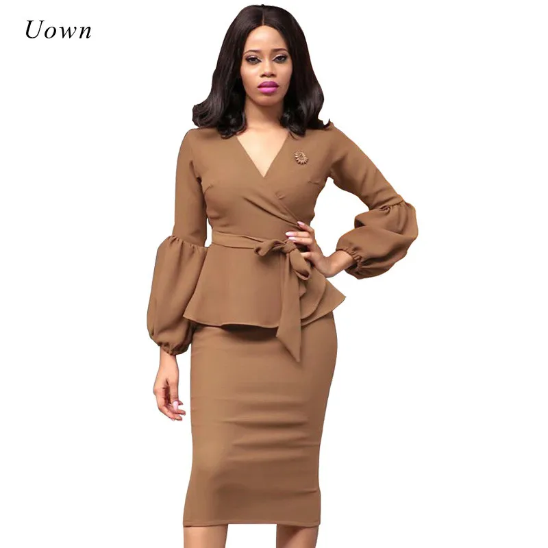 

2018 Autumn Fashion Women Office Dresses Peplum Pencil Dress Lantern Sleeve Formal Business Attire Wear to Work Dresses Outfits