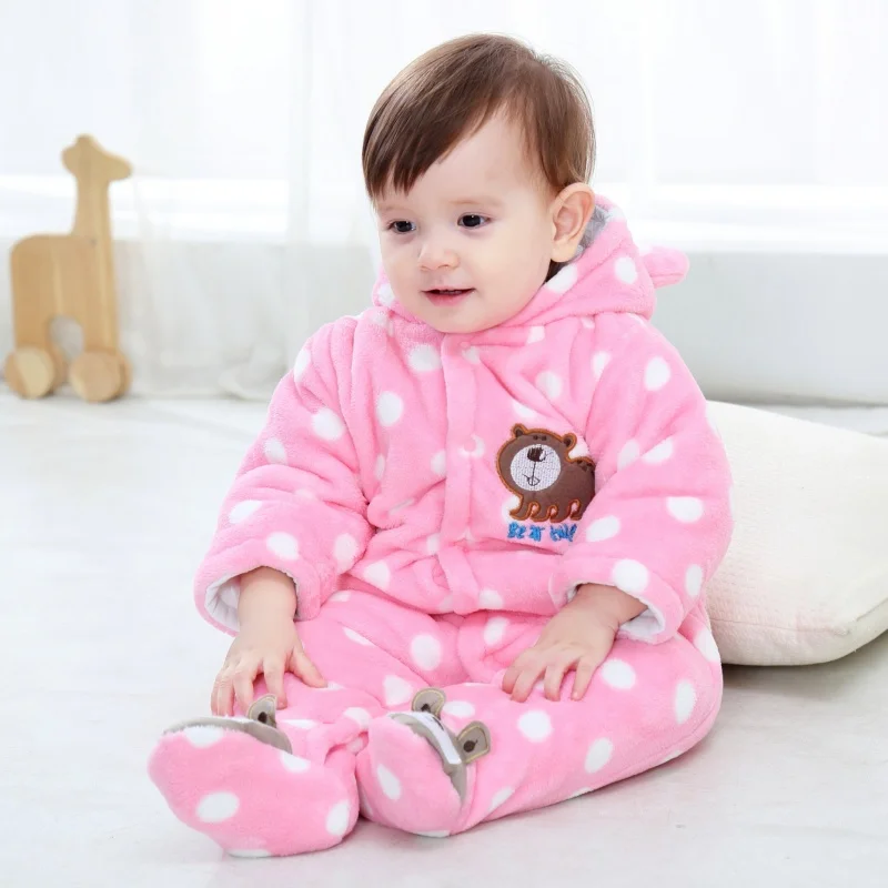 fashion baby footie long sleeve dot print cartoon bear hooded romper