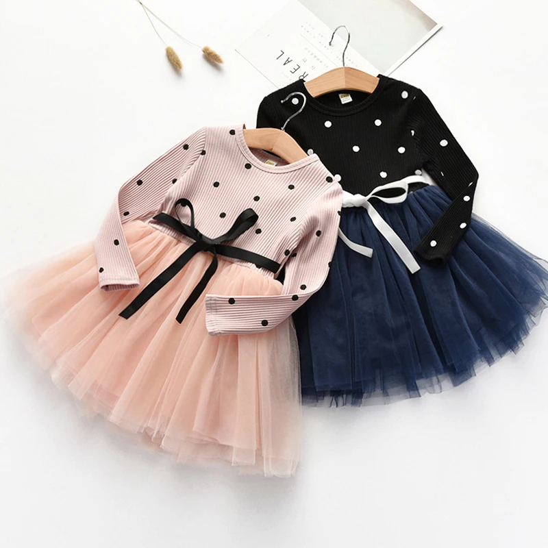 

New Girl Knitting Dress Long Sleeve Gauze Tulle Dress For Spring And Autumn Dot Girls Children Princess Dresses 2-10 Years