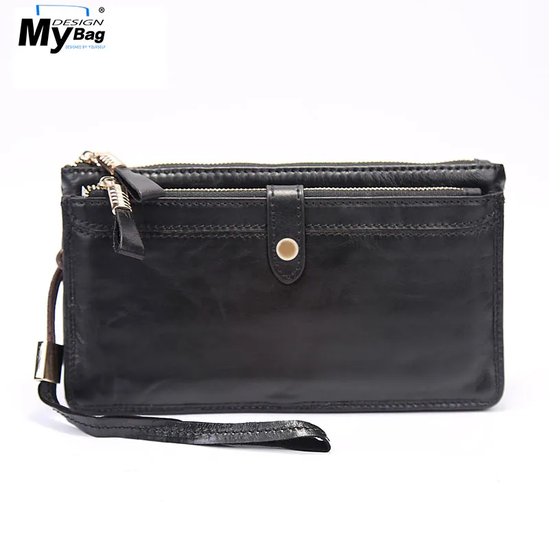 

DESIGN MYBAG Genuine Leather Men's Wallets Crazy Horse Leather Clutch Bag Long Slim Phone Wallet Purse Zipper Coin Handy Bags