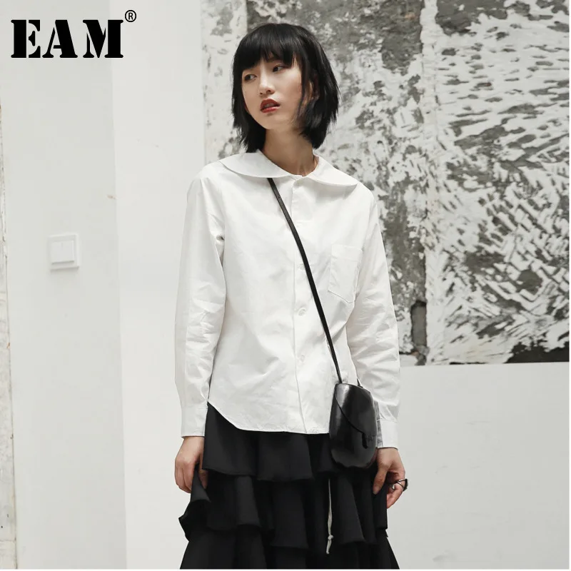 

[EAM] 2019 New Spring Autumn Lapel Long Sleeve White Loos Temperament Irregular Hem Brief Shirt Women Blouse Fashion JI507