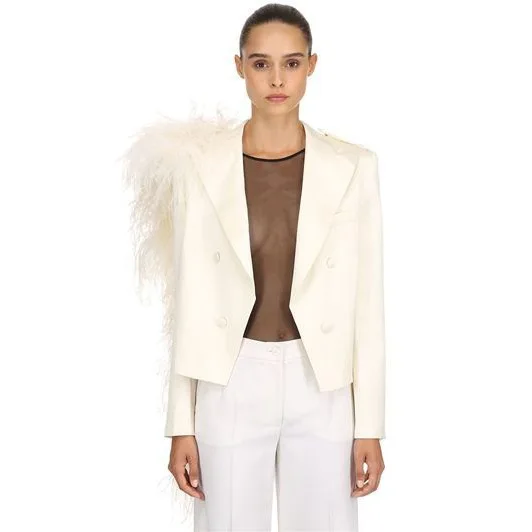 

New Removable Ostrich Feather Long-sleeved Double-breasted Suit for Autumn Winter Europe America Black Suit Women Jackets Coat