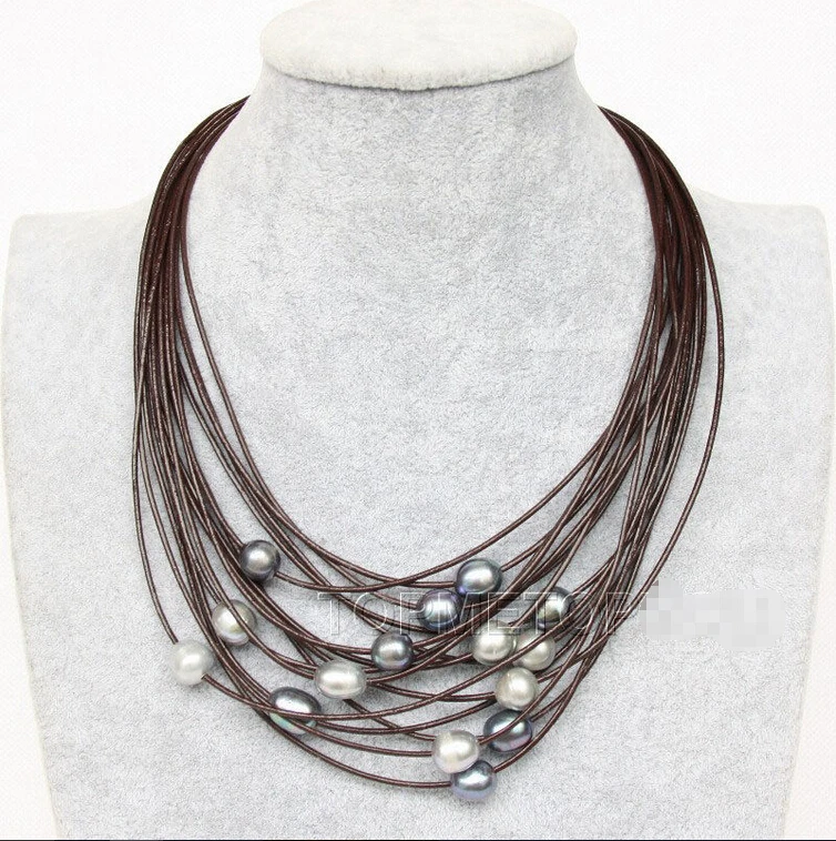 

Hot sell Noble- Free shipping Sunning! 15Strands big white gray black pearls wine red leather necklace e2321 &aa **A good