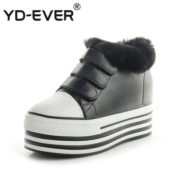 

YD-EVER leather women boots platform height increasing wedge shoes casual real rabbit fur sneakers winter snow Boots hook