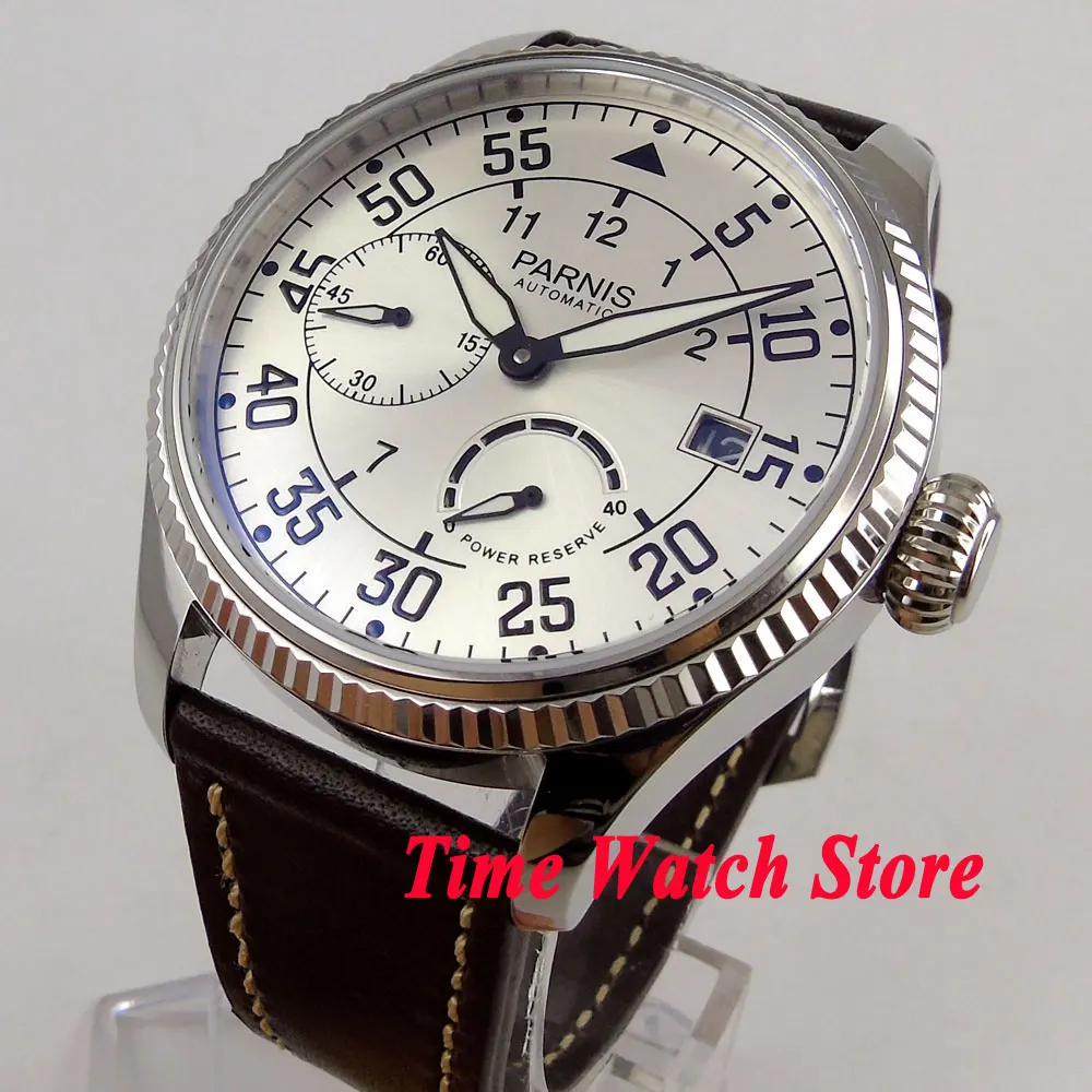 

Parnis 45mm men's watch silver dial power reserve date luminous ST2530 Automatic movement wrist watch men 934