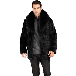 Зимние мужские модные пальто с воротником из искусственного меха кролика Черный Роскошный кожаный костюм парка Высококлассные