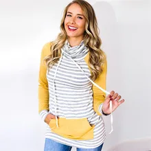 S-XL autumn winter striped tops blouse women hoodies slim patchwork casua leisure pocket tops blouse double striped blouse