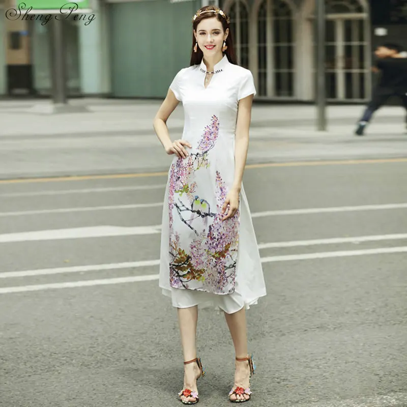 summer vietnam aodai chinese traditional dress qipao long chinese cheongsam dress robe chinoise modern cheongsam Q303 - Цвет: 1