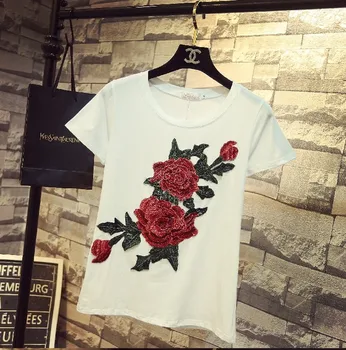 

2019 New Spring Summer All-match Women Pullovers Top Rose Embroidery Short Sleeve T-shirt Casual Students Tees White