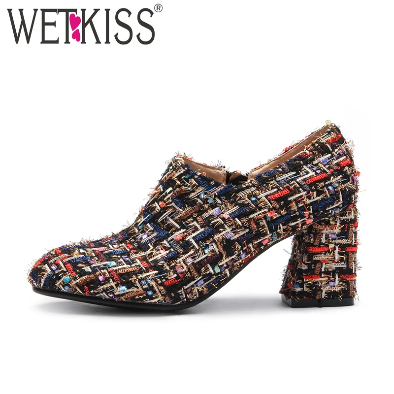 

WETKISS High Heels Women Pumps Hoof Heels Round Toe Zipper Cover Instep Footwear Spring Fashion Casual 2018 Brand Ladies Shoes