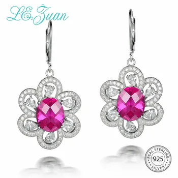 

L&zuan Trendy 7.48ct Created Pink Ruby Earrings in Pure 925 Sterling Silver Clasp Earrings With White CZ Oval Stone Fine Jewelry