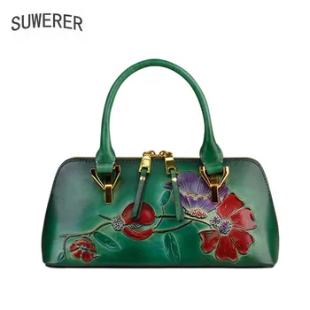 

SUWERER Genuine Leather women bag for women 2018 new luxury fashion handbags women bag designer Embossing leather green handbag