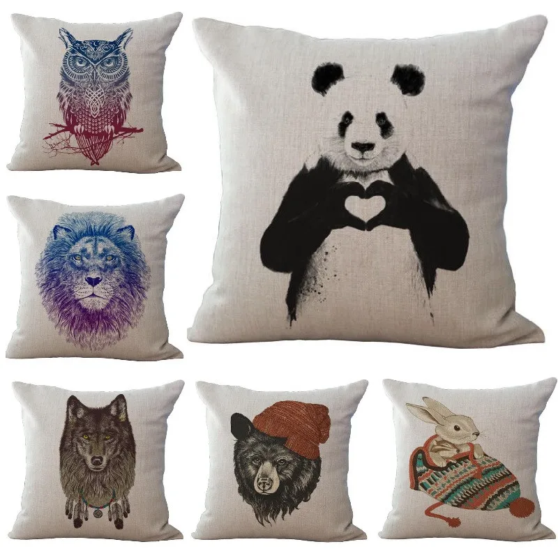 Animal Color Painted Owl Wolf Lion Panda Bear Cushion Cover Linen Car Sofa Case Throw Pillows Decorative Pillowcase