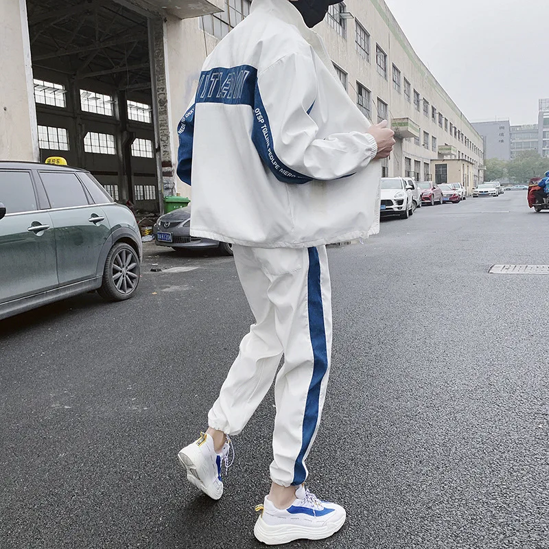 

Hip Hop 2 pieces Set Mens Tracksuit Casual Letter Print Suits Loose Stand Collar Sweatshirts Men Jacket+Pants Sets YT50139