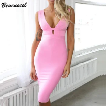 

Bevenccel 2020 New Women Summer Dress 2020 Elegant Sleeveless V Neck Striped Bodycon Bandage Dress Vestidos Evening Party Dress