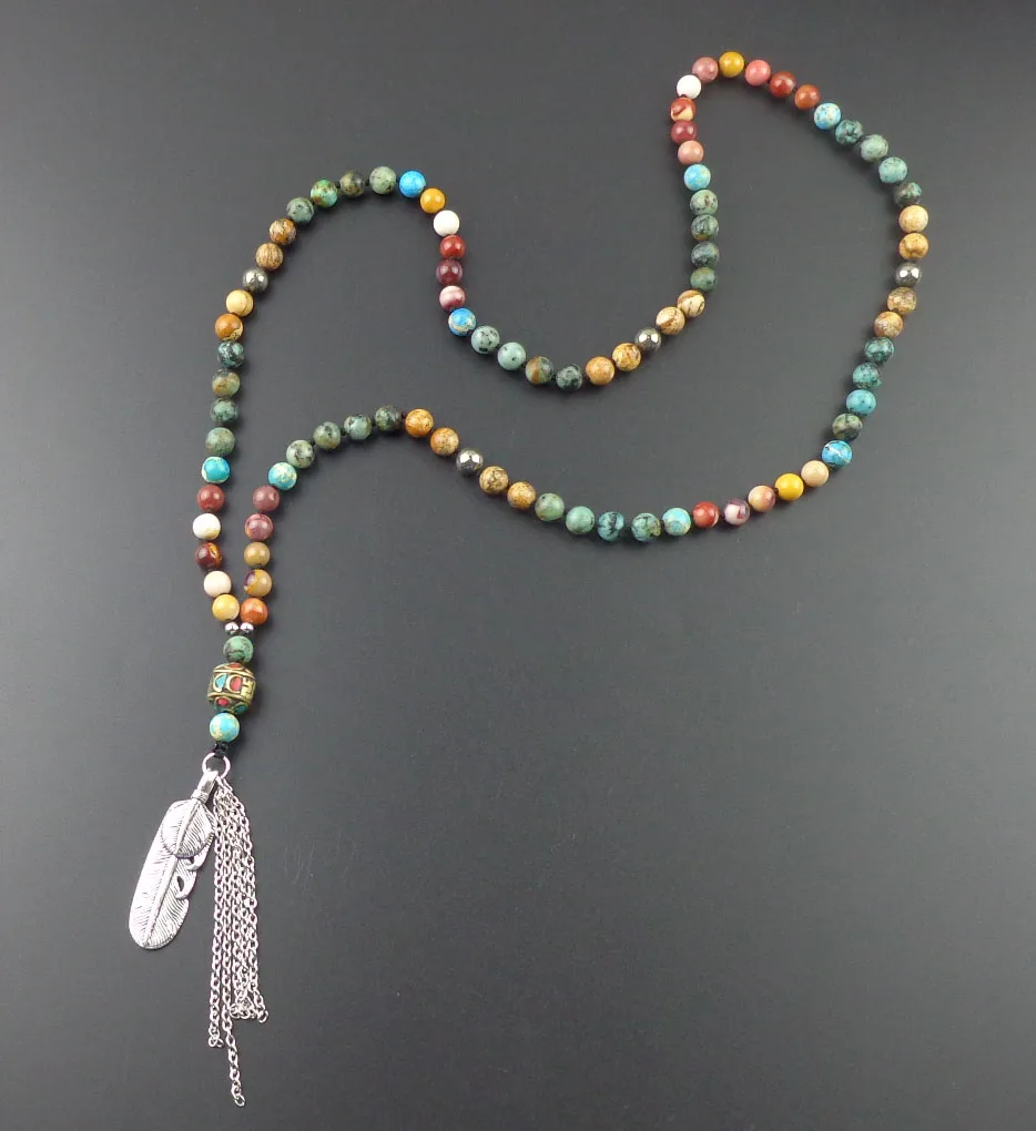 Mixed Natural Stone bead long boho knotted Necklace Nepal beads with