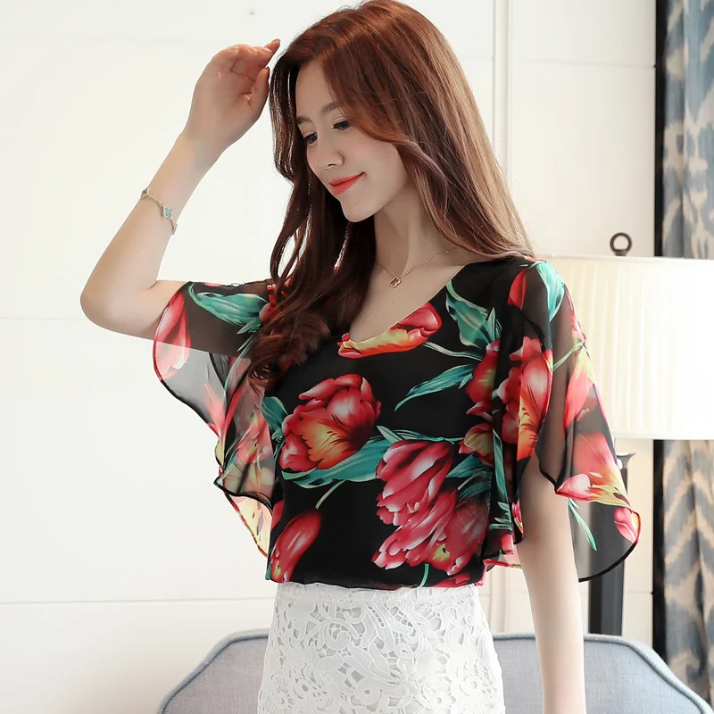 Модная шифоновая блузка женская рубашка Летняя с расклешенными рукавами плюс