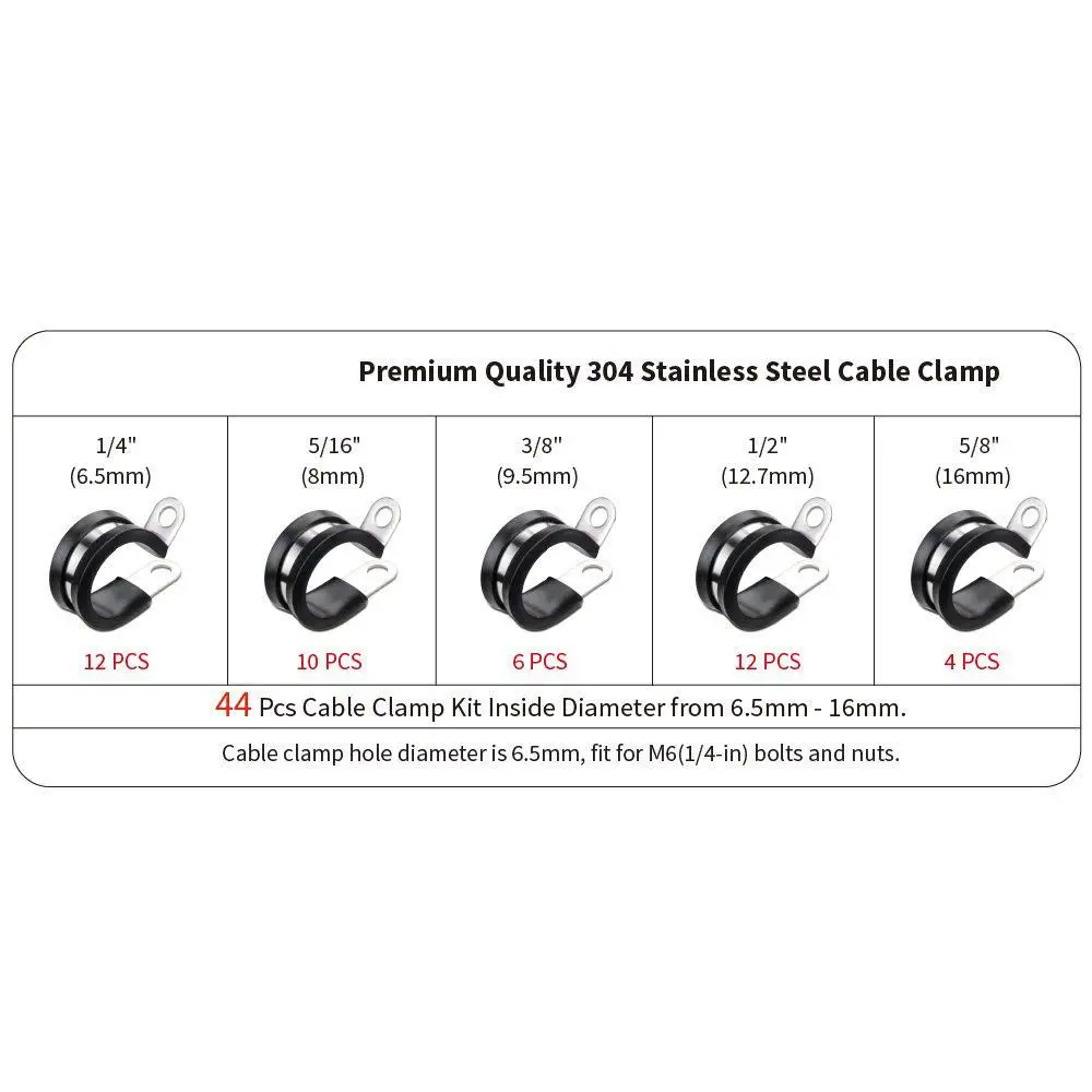 

44 Pieces Cable Clamp Stainless Steel Rubber Cushion Pipe Clamps Assorted in 5 Size 1/4inch 5/16inch 3/8inch 1/2inch 5/8inch