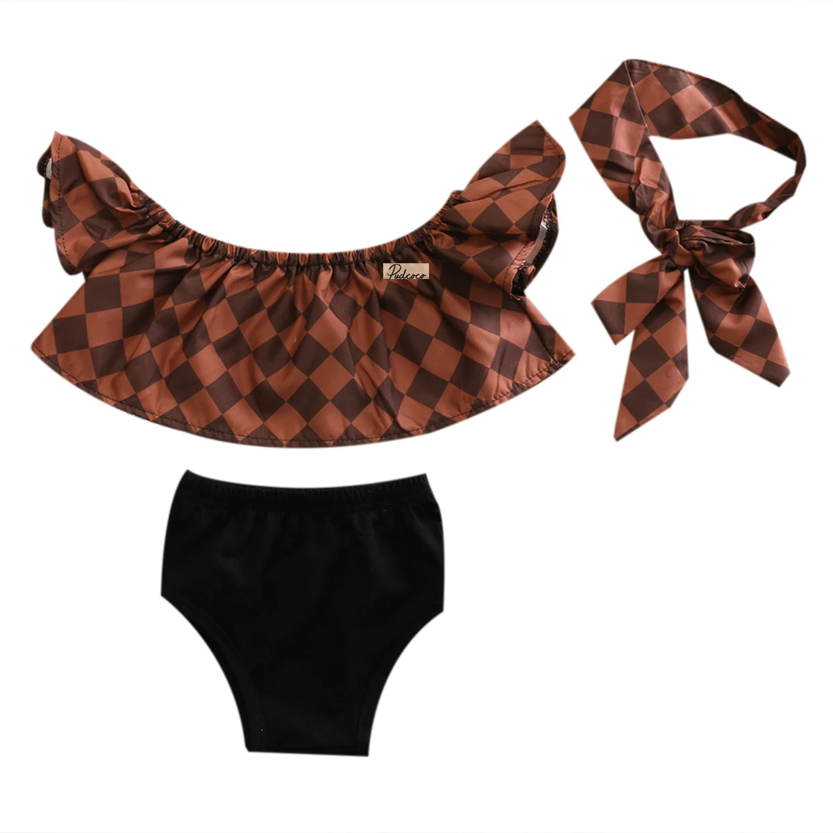 

3PCS Cotton Newborn Baby Girls Off Shoulder Plaid Tops Headband Shorts Outfit Clothes Sets 0-24M