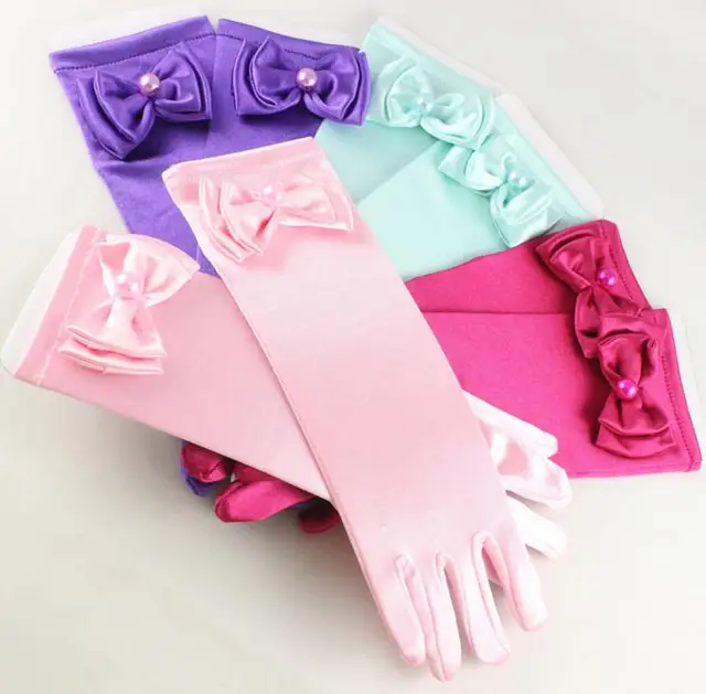 Wedding Elastic Girls Satin Long Gloves Kid's Children Fancy Dress Bow