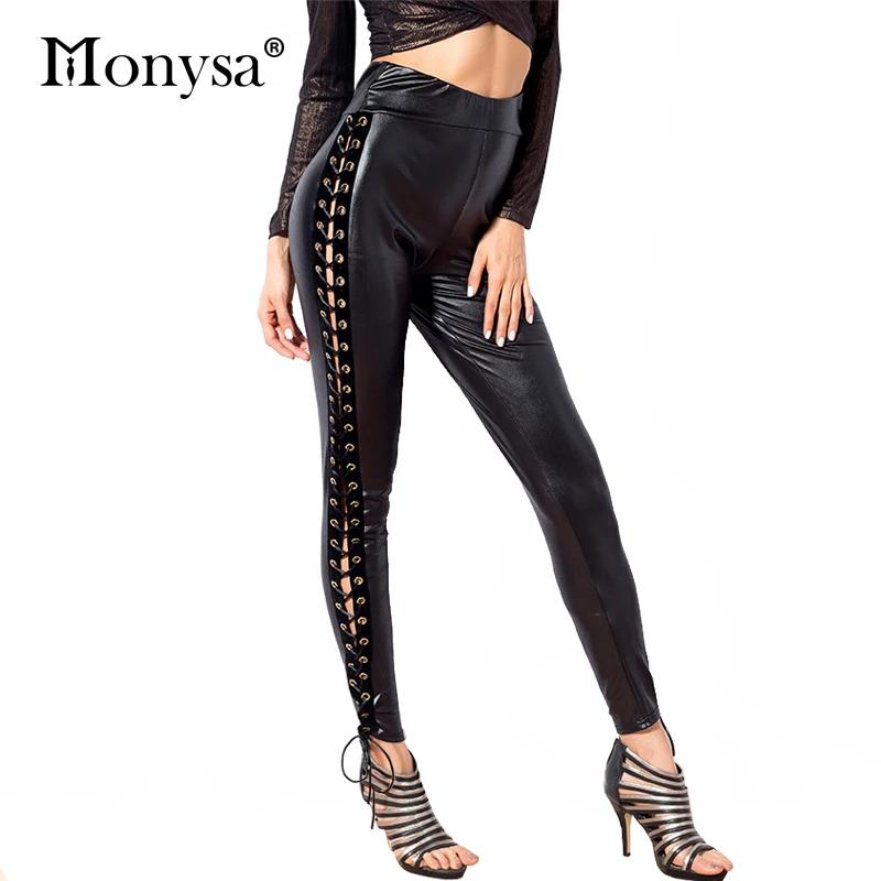 

PU Leather Pants Women Clothing 2017 New Arrival Fashion Lace Up Skinny Trousers Women Casual High Waist Black Pants For Women