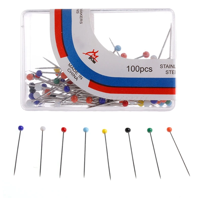 100pcs Coloured Plastic Round Pearl Head Pins Dressmaker Tailor