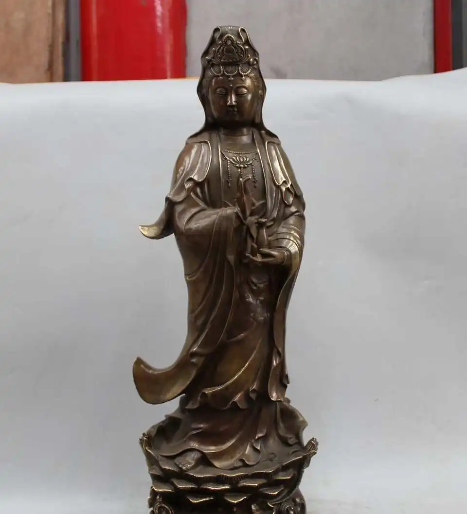 

24" Chinese Buddhism Brass Stand lotus Kwan-Yin Guan Yin Goddess Statue Sculptur