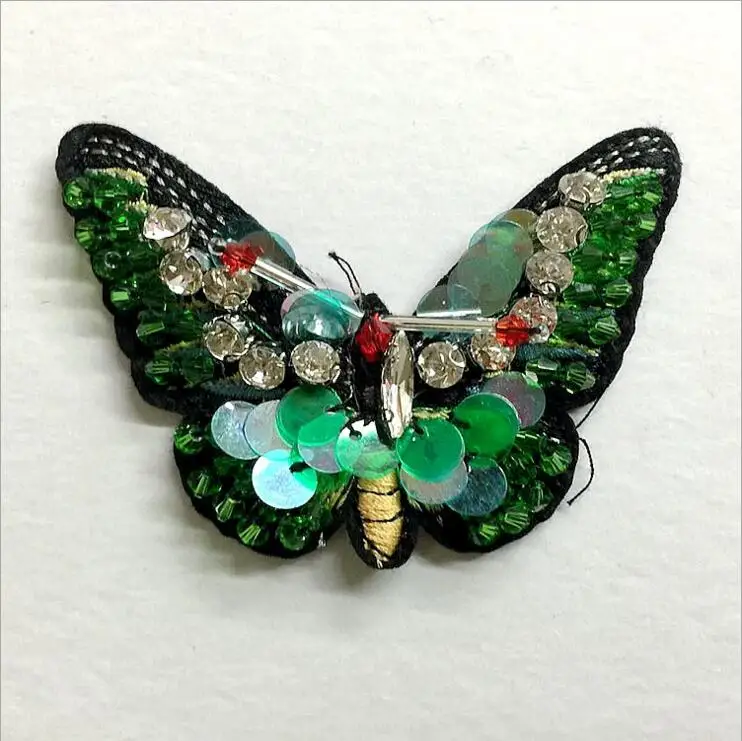 Зеленая бабочка с блестками брошь со стразами и бусинами нашивки аппликация вышитая ткань пришивная нашивка для украшения одежды