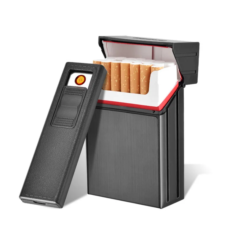 

(20 Cigarette ) USB Cigarette Case With Electronic Lighters Charging Electric Metal Cigarette Box Detachable Windproof Lighter