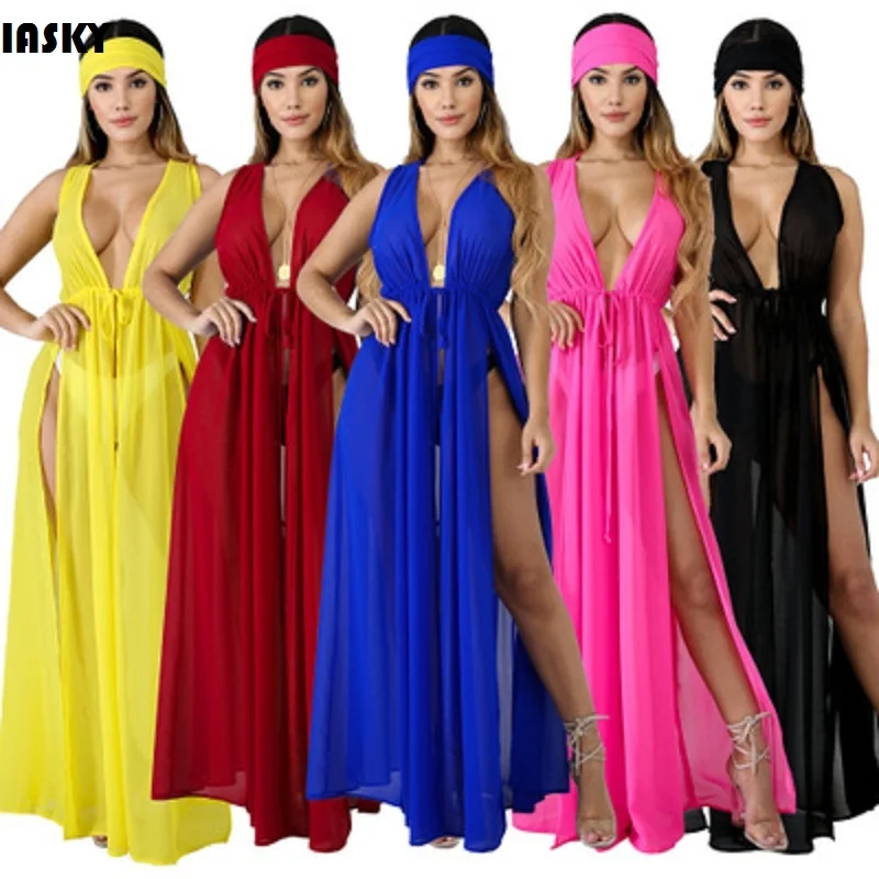 

IASKY New See through beach long dress 2019 sexy women bikini swimsuit chiffon cover ups Bathing Suit tunic kaftan cover up