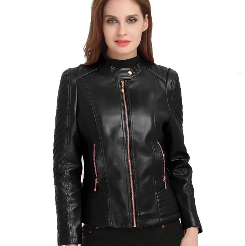 6XL модная женская короткая мотоциклетная красная куртка из искусственной кожи на молнии для женщин, базовые осенние куртки, большие размеры верхней одежды - Цвет: Black c03