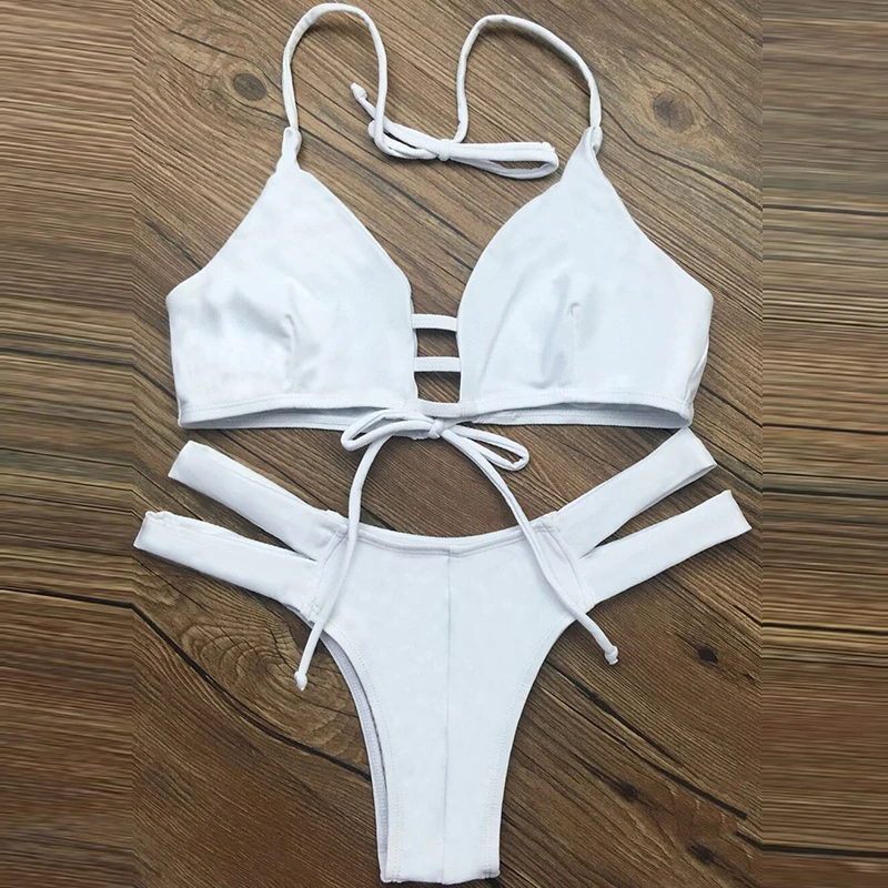 

QIANG YI 2019 Summer styles Women Hollow push up Sexy Bikinis set Halter Bathing suit Thong Brazilian Swimwear Swimsuit Strappy