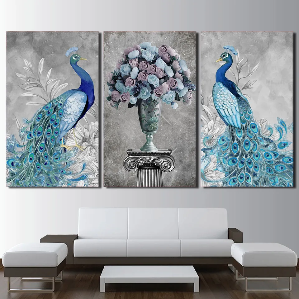 

Canvas Art Frames Decor 3 Pieces Peacock Couple Painting Poster HD Printed Flowers Modern Prints Wall Modular Picture Kids Room