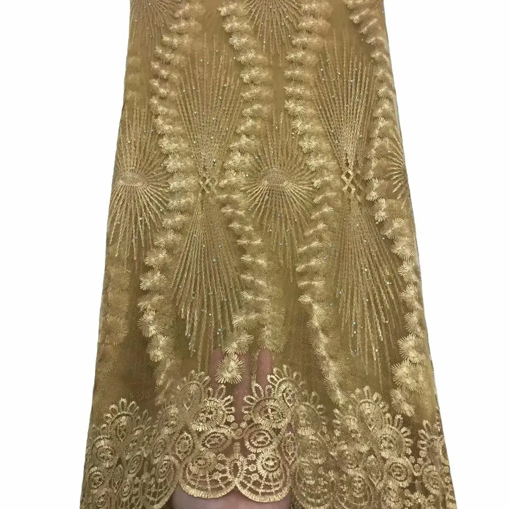 Gold African Laces Fabric Embroidered Rhinestones Nigerian French Lace
