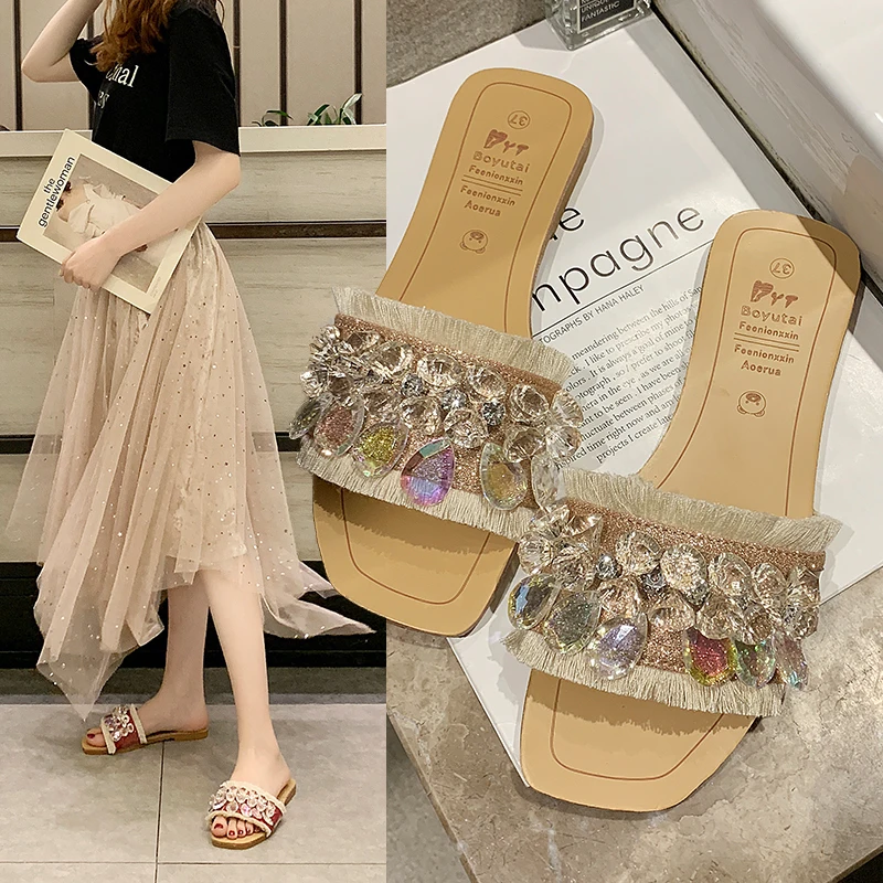 

Wedge Heel Flat Slippers Low With Rhinestones Water Outside Female Rubber Leather New 2019 Modis Brief Slides Sandal Summer