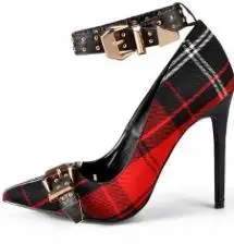 Розовые женские туфли Mary Jane на высоком каблуке; пикантные модельные туфли в шотландскую клетку с заклепками; туфли с ремешком на щиколотке; Цвет Красный - Цвет: Red